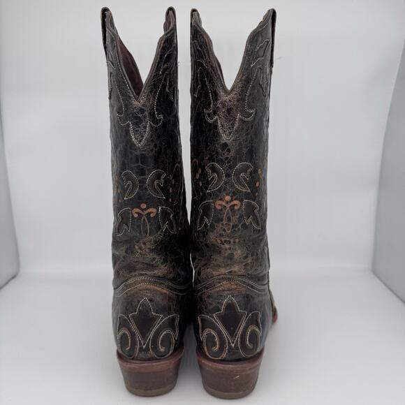 Pecos Bill Women Boot Size 8 Dark Mocha Inlay Distressed Leather Cowgirl Western - Picture 6 of 14
